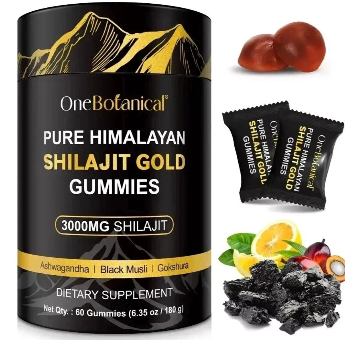 OneBotanical Pure Himalayan Shilajit Gold Gummies – 3,000mg | Ashwagandha, Black Musli & Gokshura | 60 Gummies