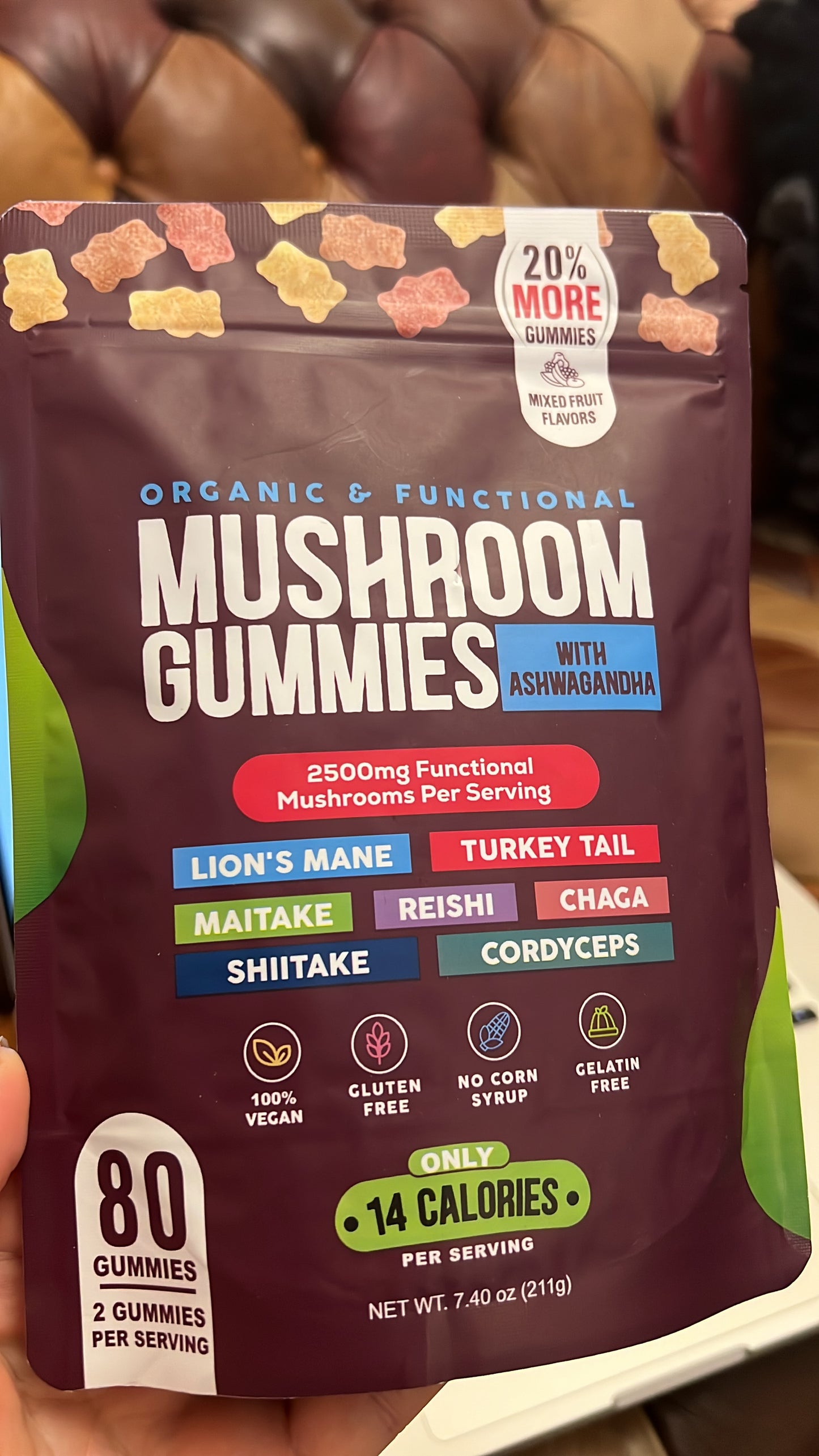 Organic & Functional Mushroom Gummies with Ashwagandha – 2,500mg | 7 Mushrooms | 80 Gummies