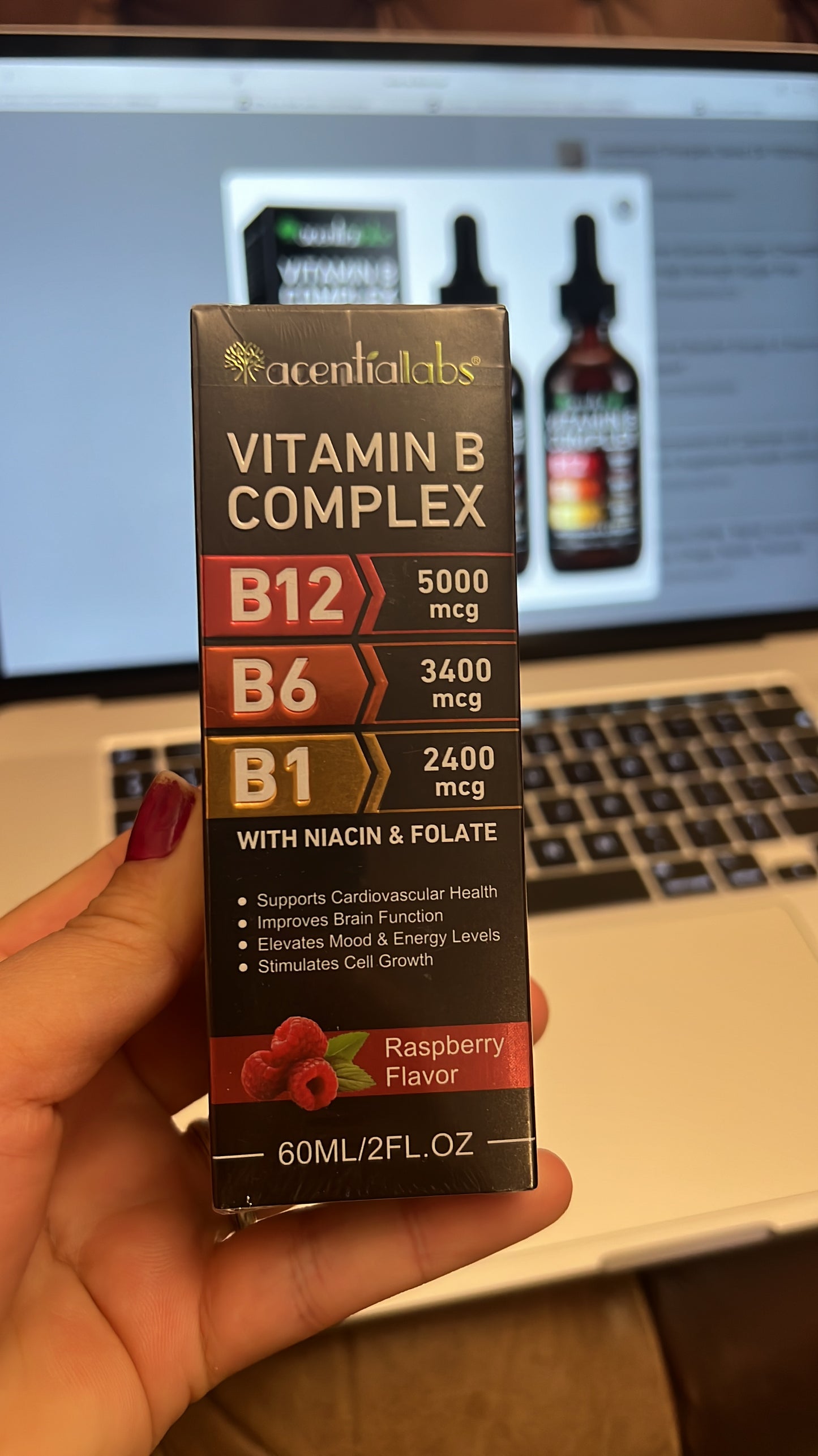 Vitamin B Complex Liquid Drops – B12 5000mcg, B6 3400mcg, B1 2400mcg with Niacin & Folate | Raspberry Flavour | 60ml