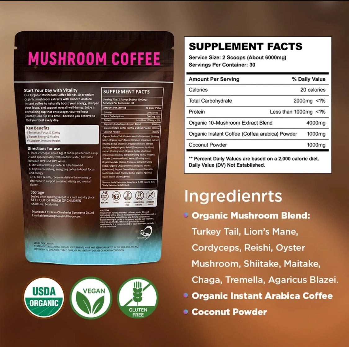 Organic Mushroom Coffee 4000mg | 10 Mushroom Extract Blend | Energy & Focus