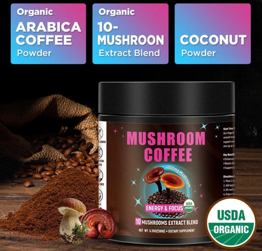 Organic Mushroom Coffee 4000mg | 10 Mushroom Extract Blend | Energy & Focus