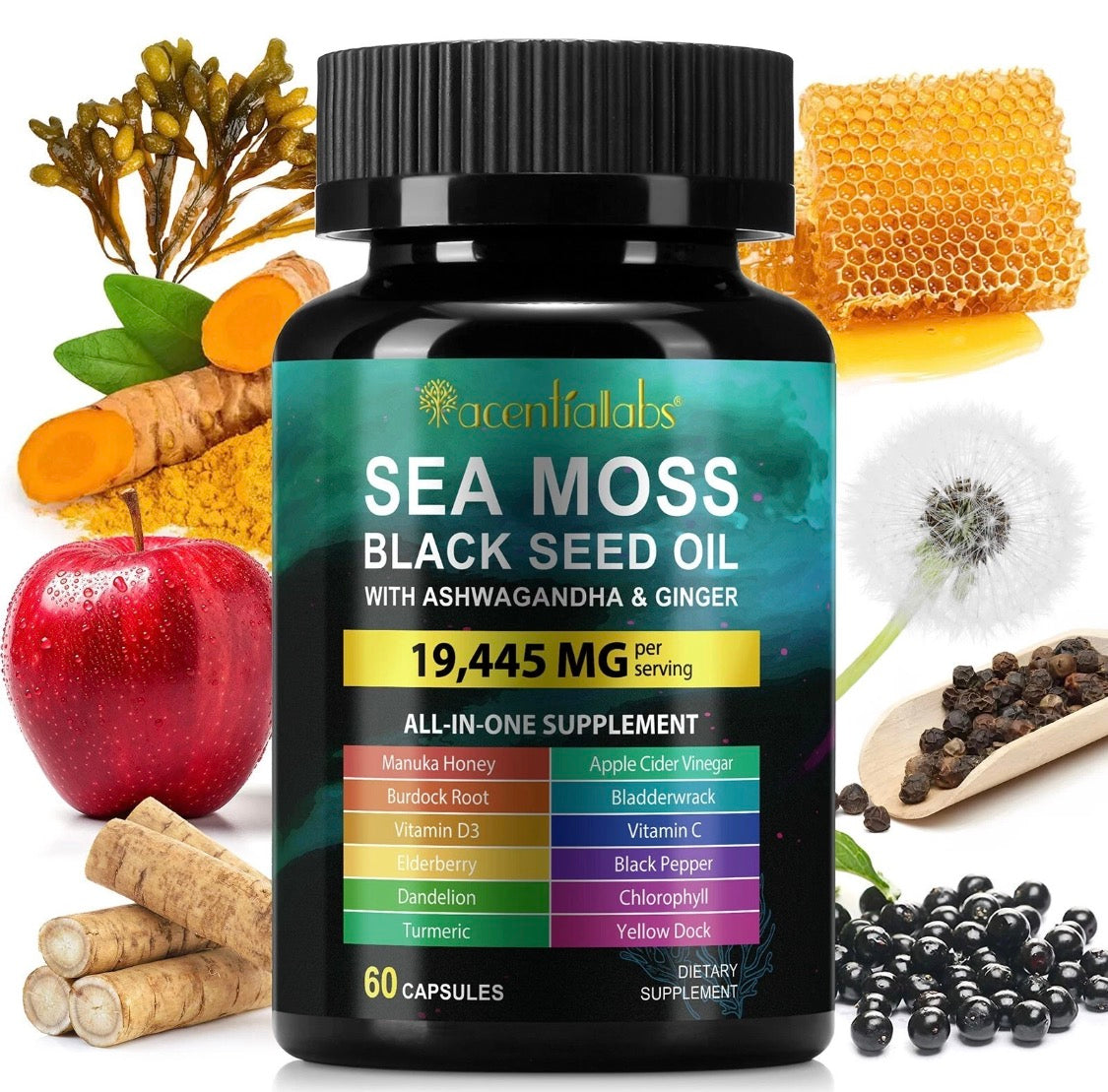 Sea Moss Black Seed Oil with Ashwagandha & Ginger – 19,445mg All-in-One Supplement | 60 Capsules