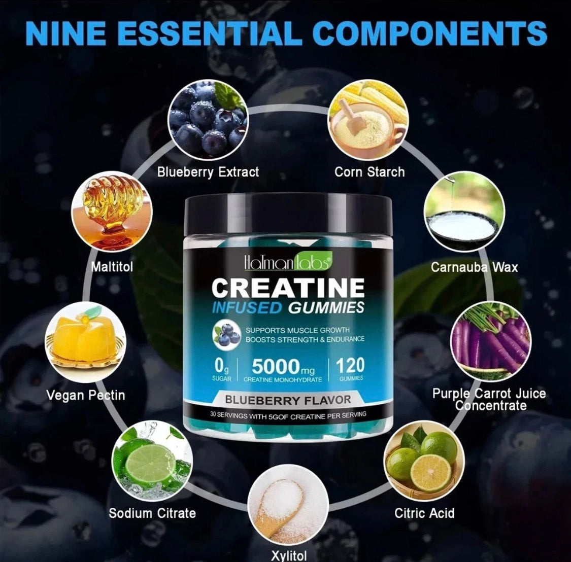 HalmanLabs Creatine Infused Gummies 5000mg | Blueberry Flavour | 120 Gummies