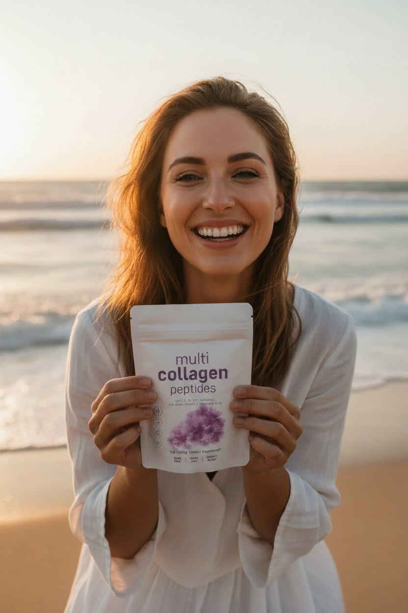 Glowing Woman at Beach Holding Multi Collagen Peptides