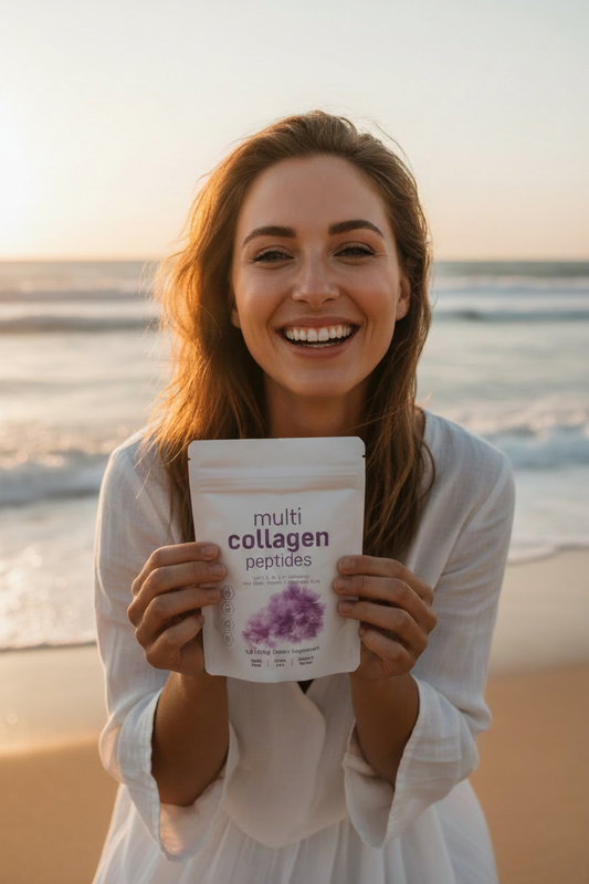 Glowing Woman at Beach Holding Multi Collagen Peptides