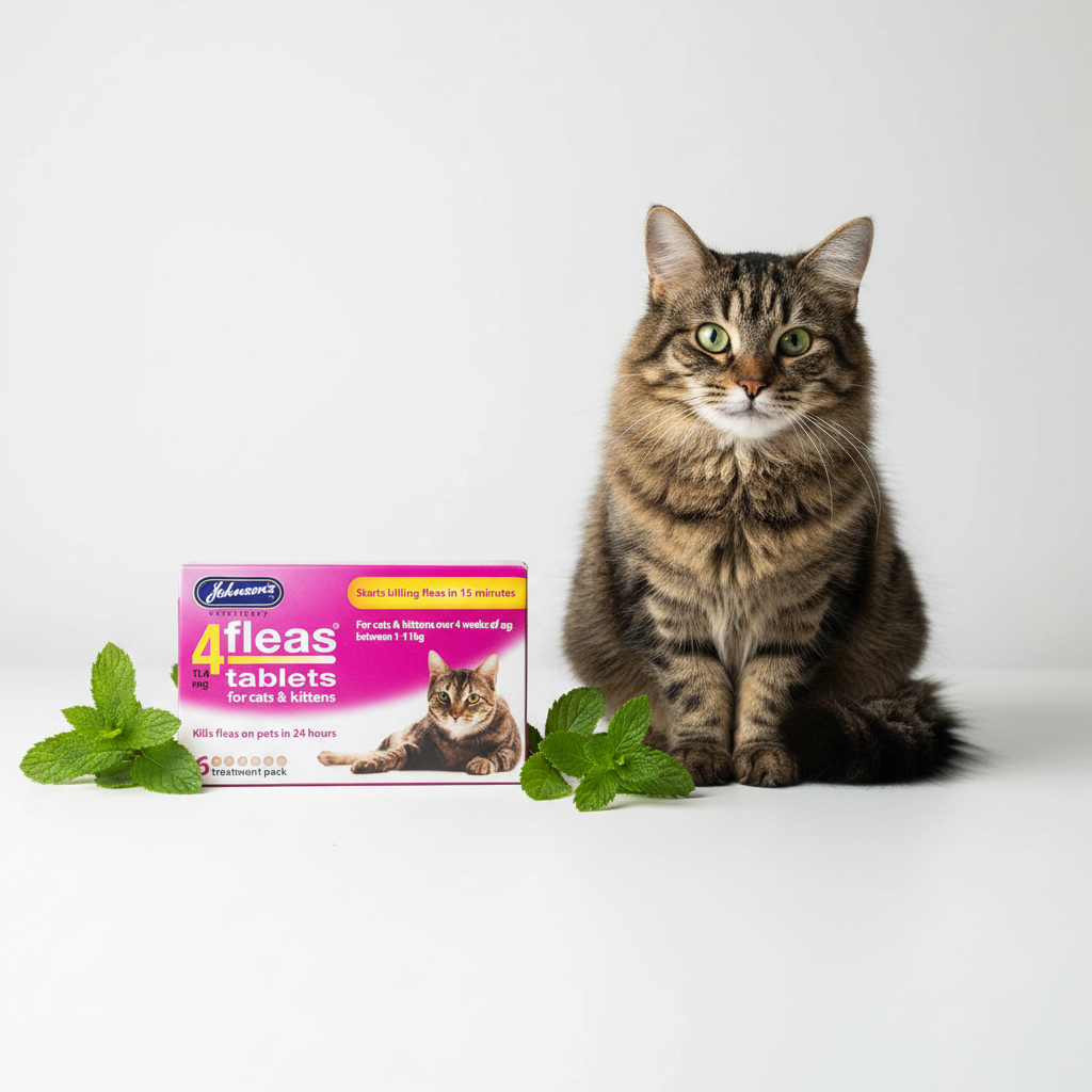 Johnson's 4Fleas box with fluffy tabby cat and green leaves