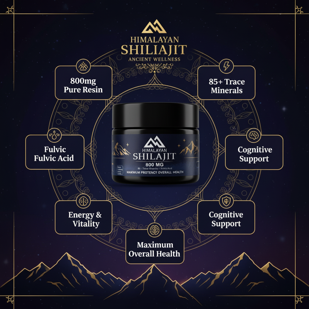 Himalayan Shilajit benefits infographic with gold accents and mountain silhouette