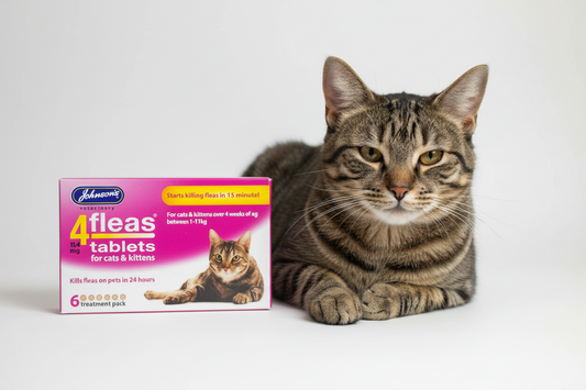 Relaxed tabby cat beside Johnson's 4Fleas box