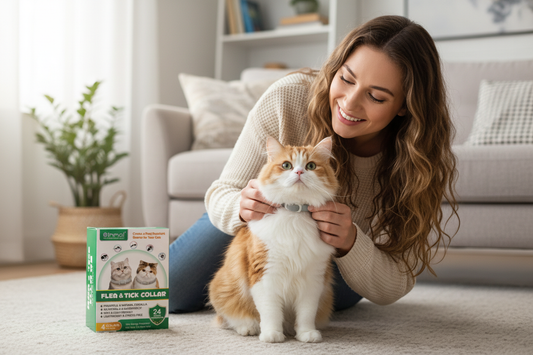 Woman fitting Oimmal flea collar on fluffy cat at home