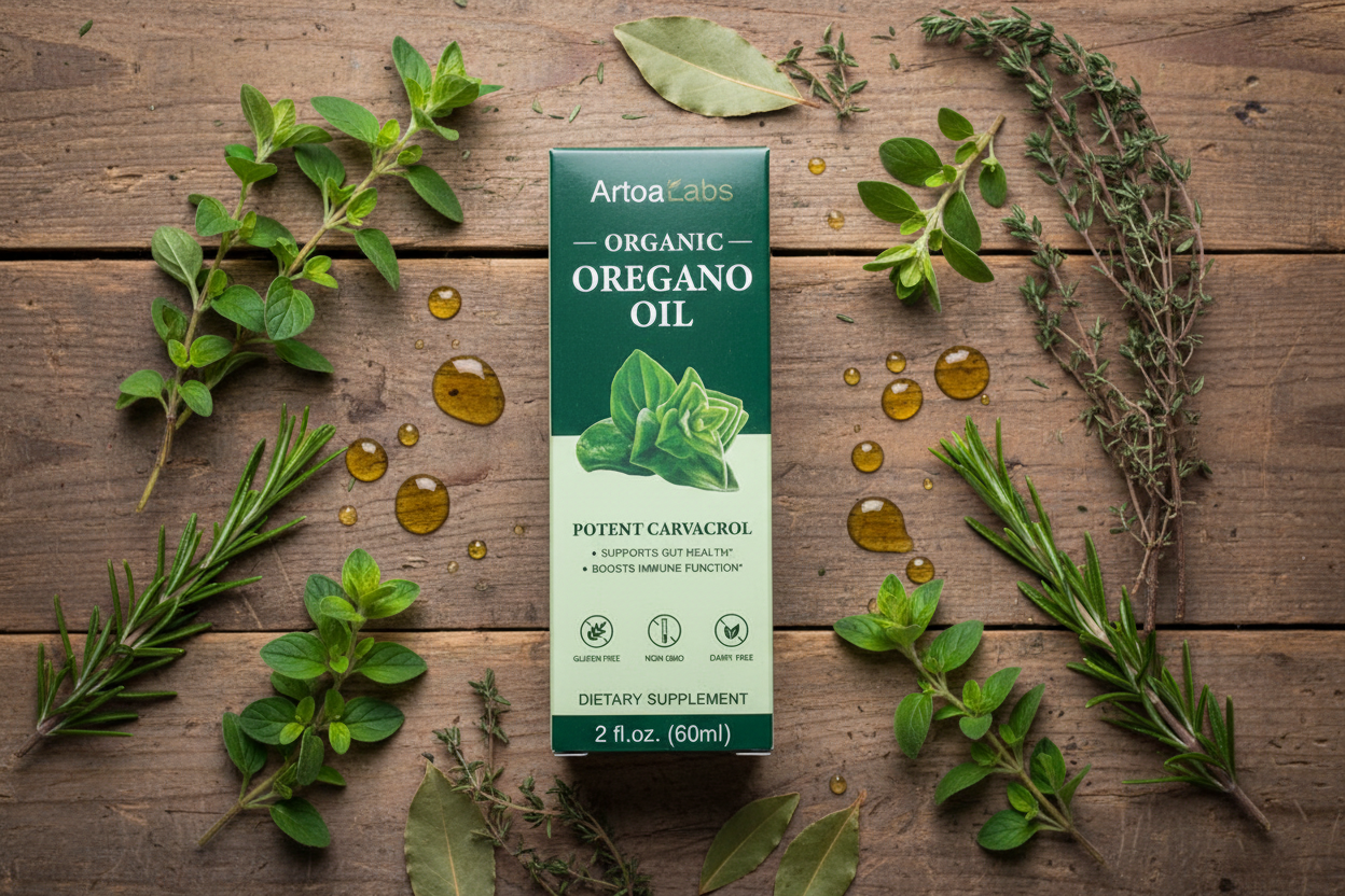 Oregano Oil Flat Lay