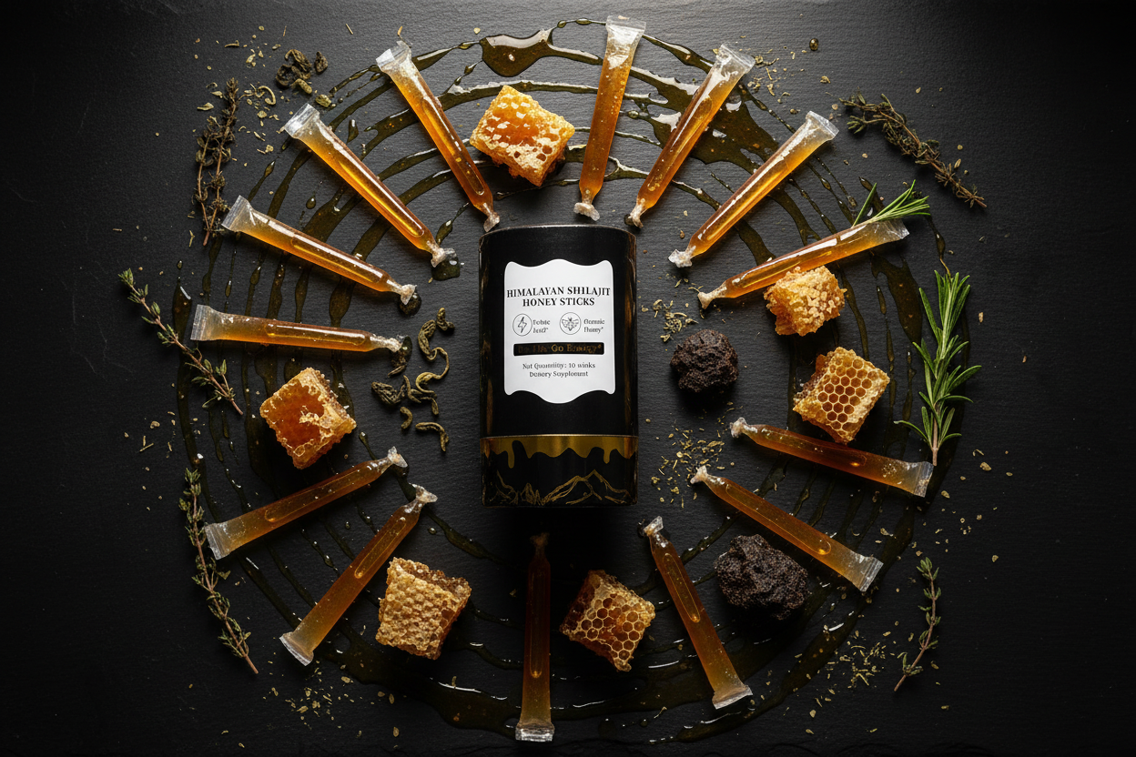 Shilajit Honey Sticks Flat Lay